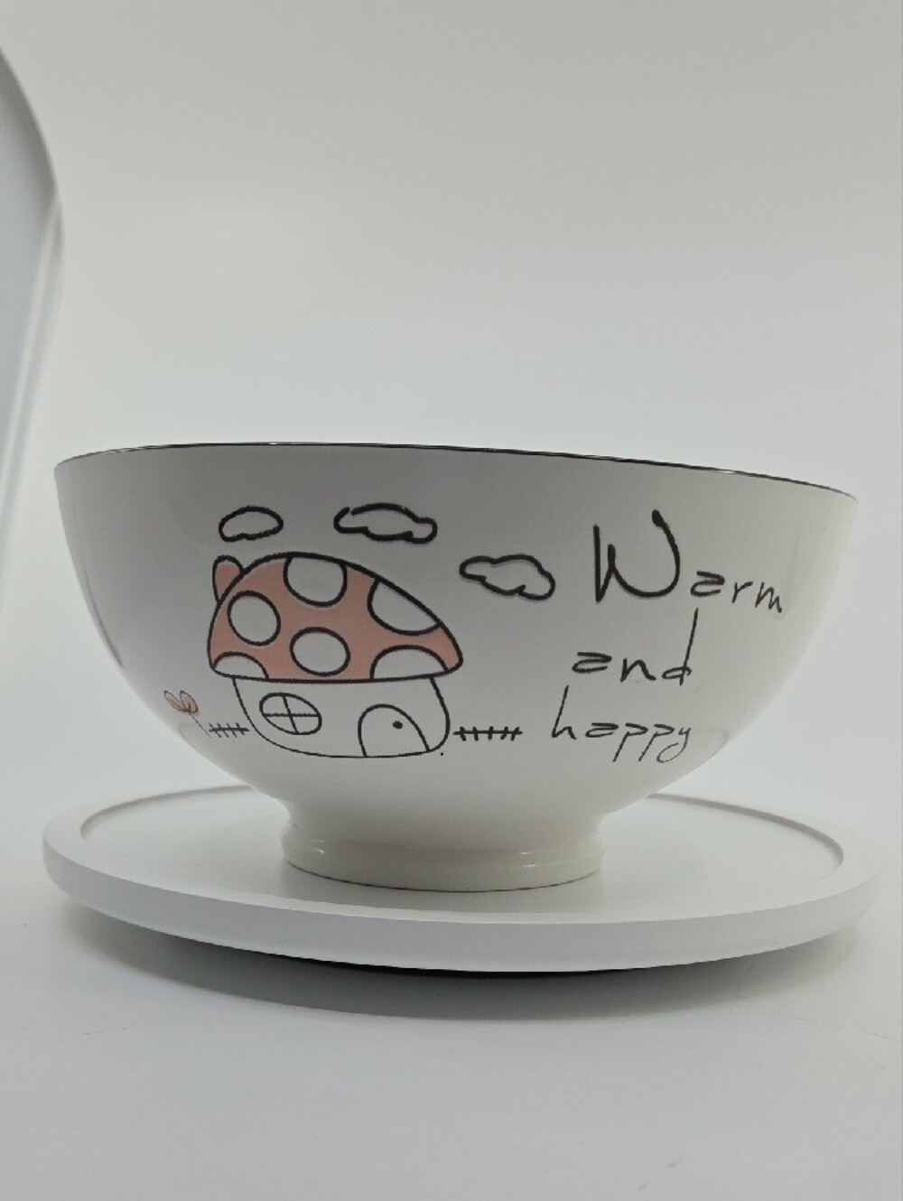 Warm and Happy Mushroom Ramen Soup Bowl White Pink Ceramic Home Art Cute Kawaii